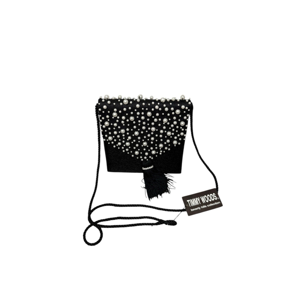 Timmy Woods Beverly Hills Collection Black Evening Bag With Pearls And Tassel